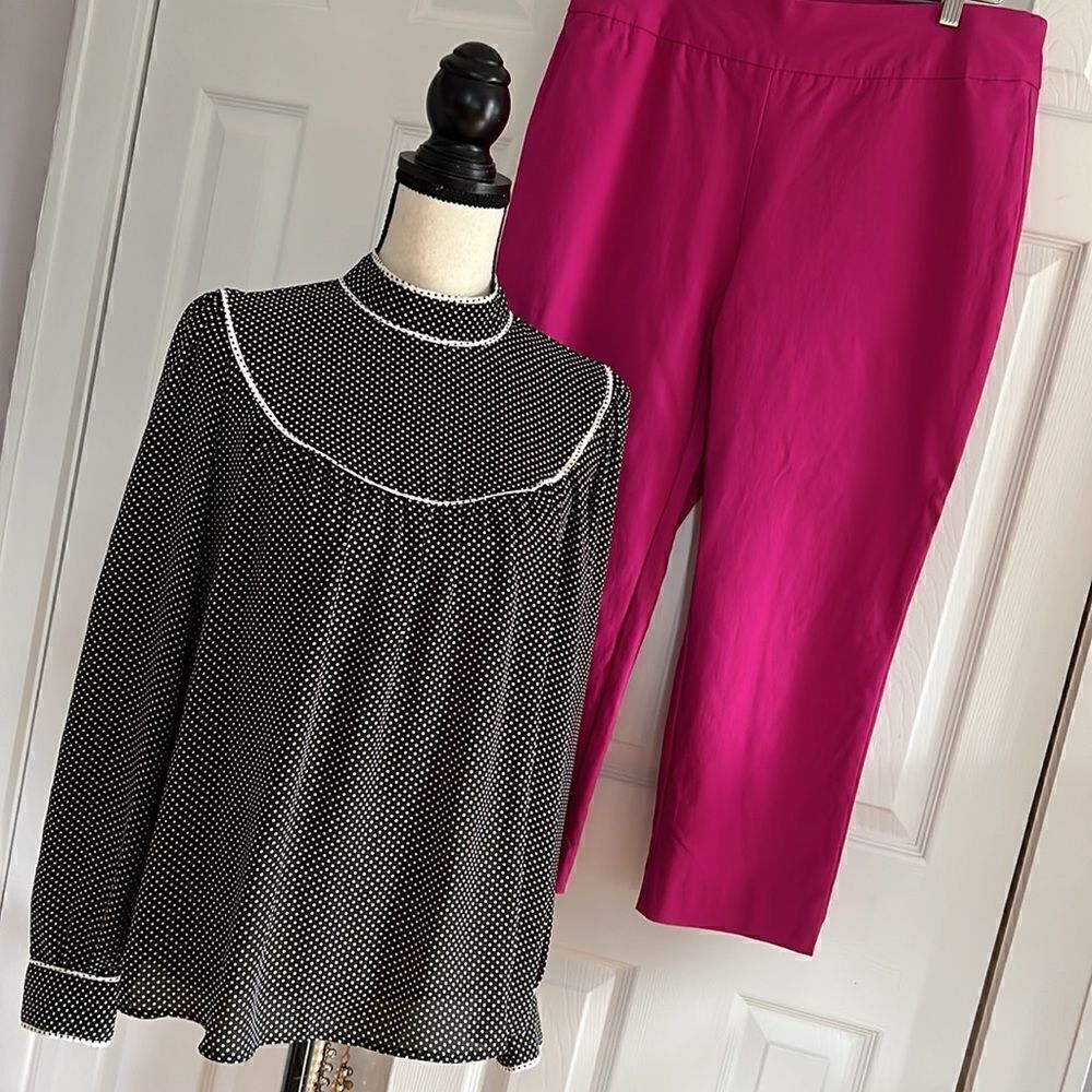 WHO WHAT WEAR Black Polkadot High Neck Blouse - Picture 2 of 16